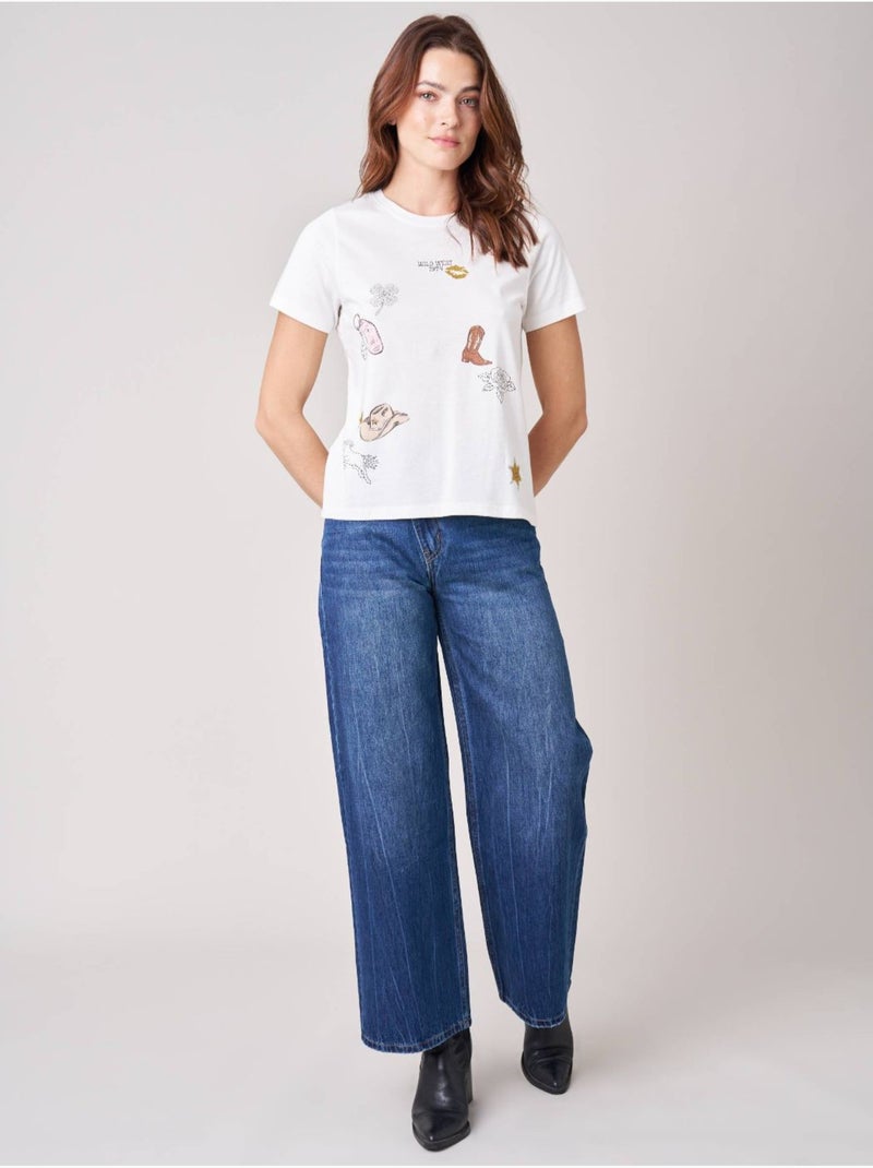 T-shirt regular femme en 100% coton jersey imprimé western 'deeluxe' Blanc cassé - Kiabi