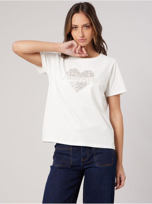 T-shirt regular femme en coton stretch avec cœur en strass 'deeluxe' - Kiabi T-shirt regular femme en coton stretch avec cœur en strass 'deeluxe' - Kiabi