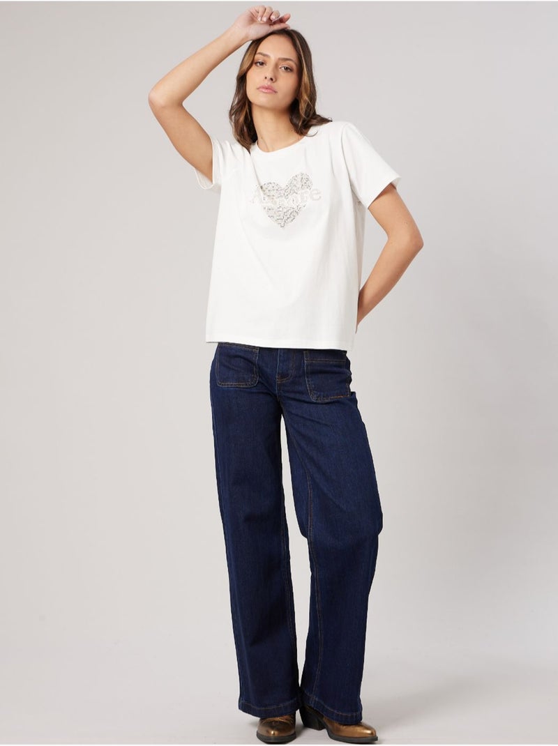 T-shirt regular femme en coton stretch avec cœur en strass 'deeluxe' Blanc cassé - Kiabi