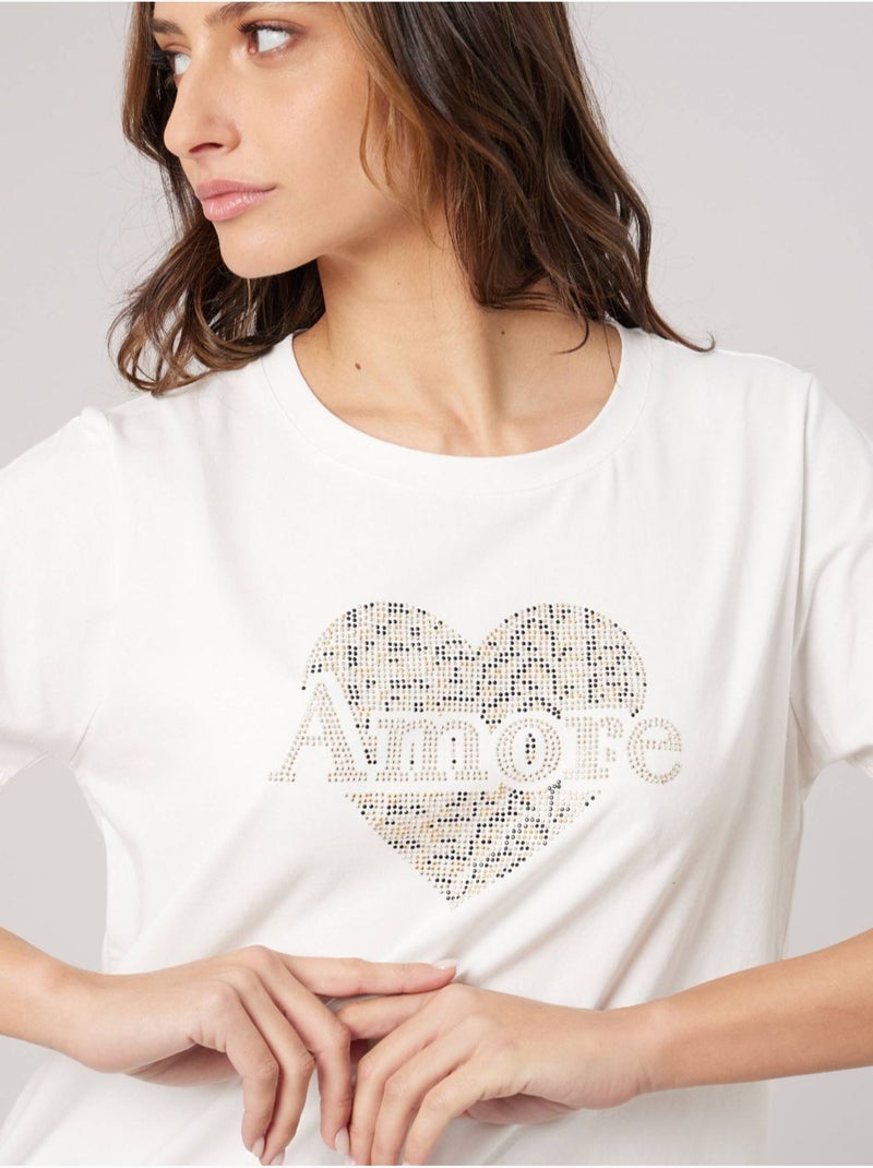 T-shirt regular femme en coton stretch avec cœur en strass 'deeluxe' Blanc cassé - Kiabi