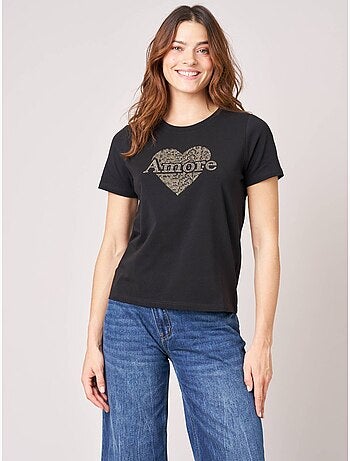 T-shirt regular femme en coton stretch avec cœur en strass 'deeluxe'