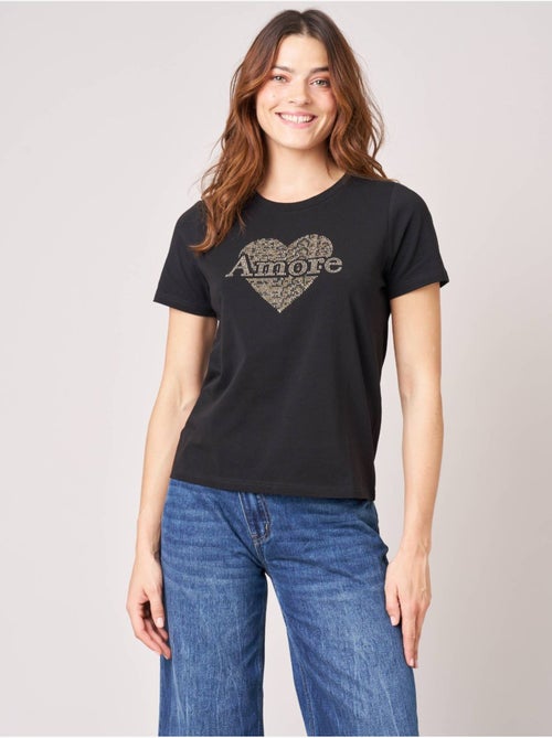 T-shirt regular femme en coton stretch avec cœur en strass 'deeluxe' - Kiabi
