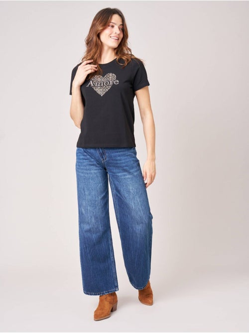 T-shirt regular femme en coton stretch avec cœur en strass 'deeluxe' - Kiabi