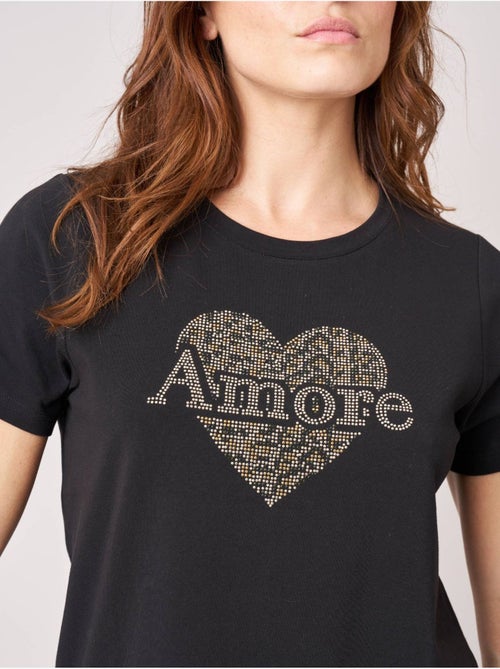 T-shirt regular femme en coton stretch avec cœur en strass 'deeluxe' - Kiabi