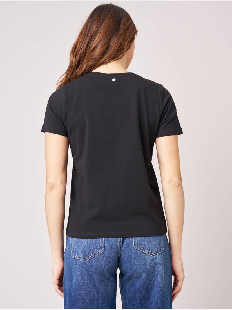 T-shirt regular femme en coton stretch avec cœur en strass 'deeluxe' Noir - Kiabi