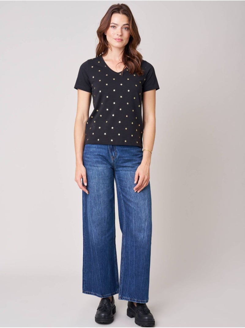 T-shirt regular femme en coton stretch imprimé étoiles 'deeluxe' Noir - Kiabi