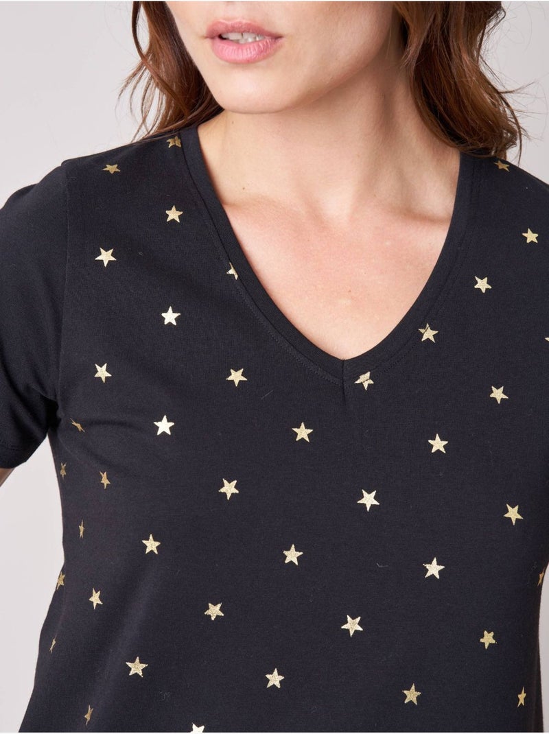 T-shirt regular femme en coton stretch imprimé étoiles 'deeluxe' Noir - Kiabi