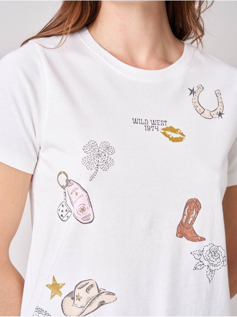 T-shirt regular femme en jersey 100% coton imprimé western 'deeluxe' Blanc cassé - Kiabi