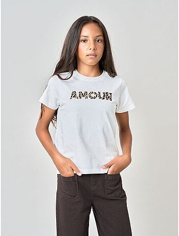 T-shirt regular fille en 100% coton inscription AMOUR en léopard 'Deeluxe'