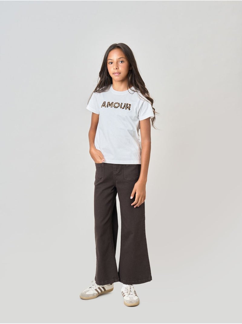T-shirt regular fille en 100% coton inscription AMOUR en léopard 'Deeluxe' Blanc - Kiabi