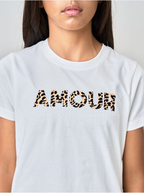 T-shirt regular fille en 100% coton inscription amour en léopard 'deeluxe' - Kiabi