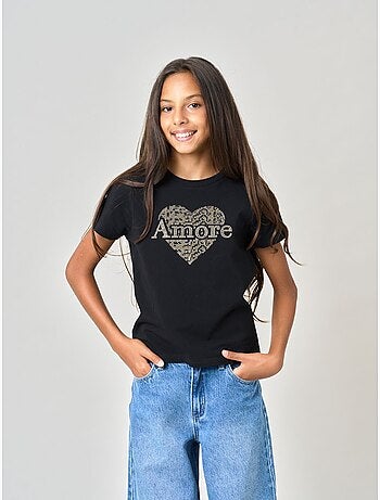 T-shirt regular fille en coton stretch avec cœur en strass 'deeluxe'