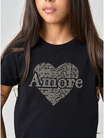 T-shirt regular fille en coton stretch avec cœur en strass 'deeluxe'