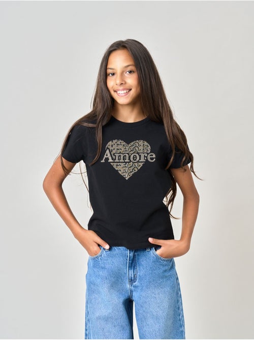 T-shirt regular fille en coton stretch avec cœur en strass 'deeluxe' - Kiabi