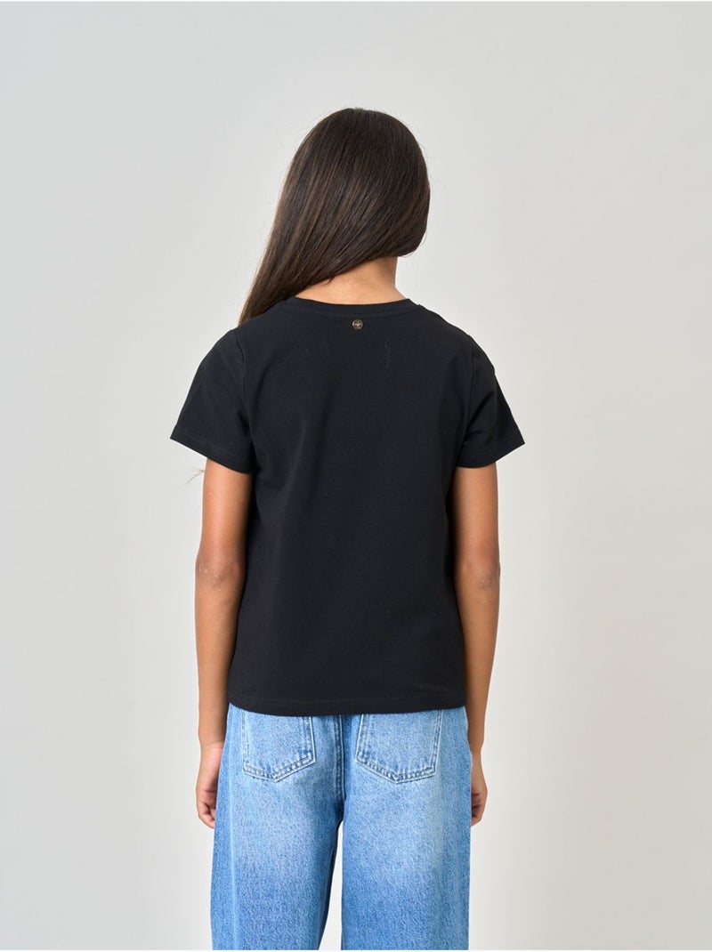 T-shirt regular fille en coton stretch avec cœur en strass 'deeluxe' Noir - Kiabi