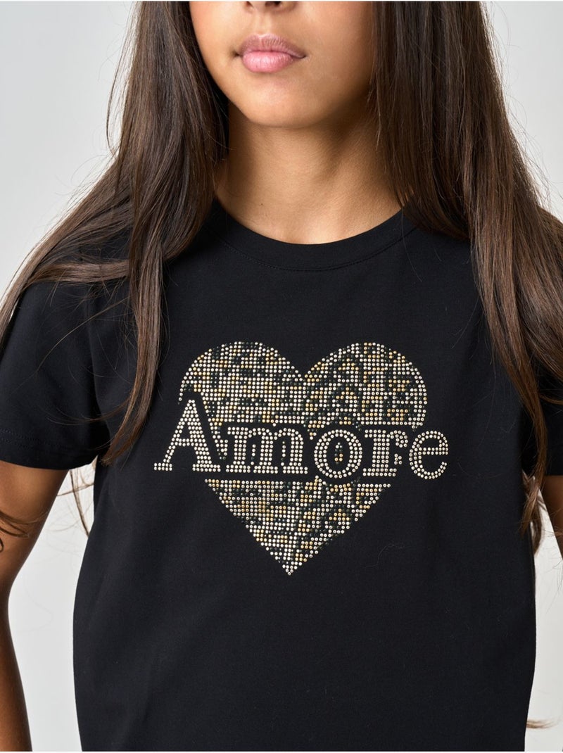 T-shirt regular fille en coton stretch avec cœur en strass 'deeluxe' Noir - Kiabi