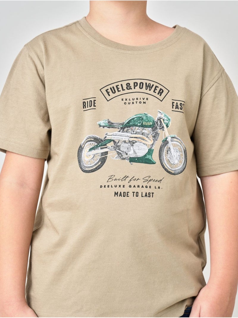 T-shirt regular garçon en 100% coton jersey imprimé moto vintage 'deeluxe' Beige foncé - Kiabi