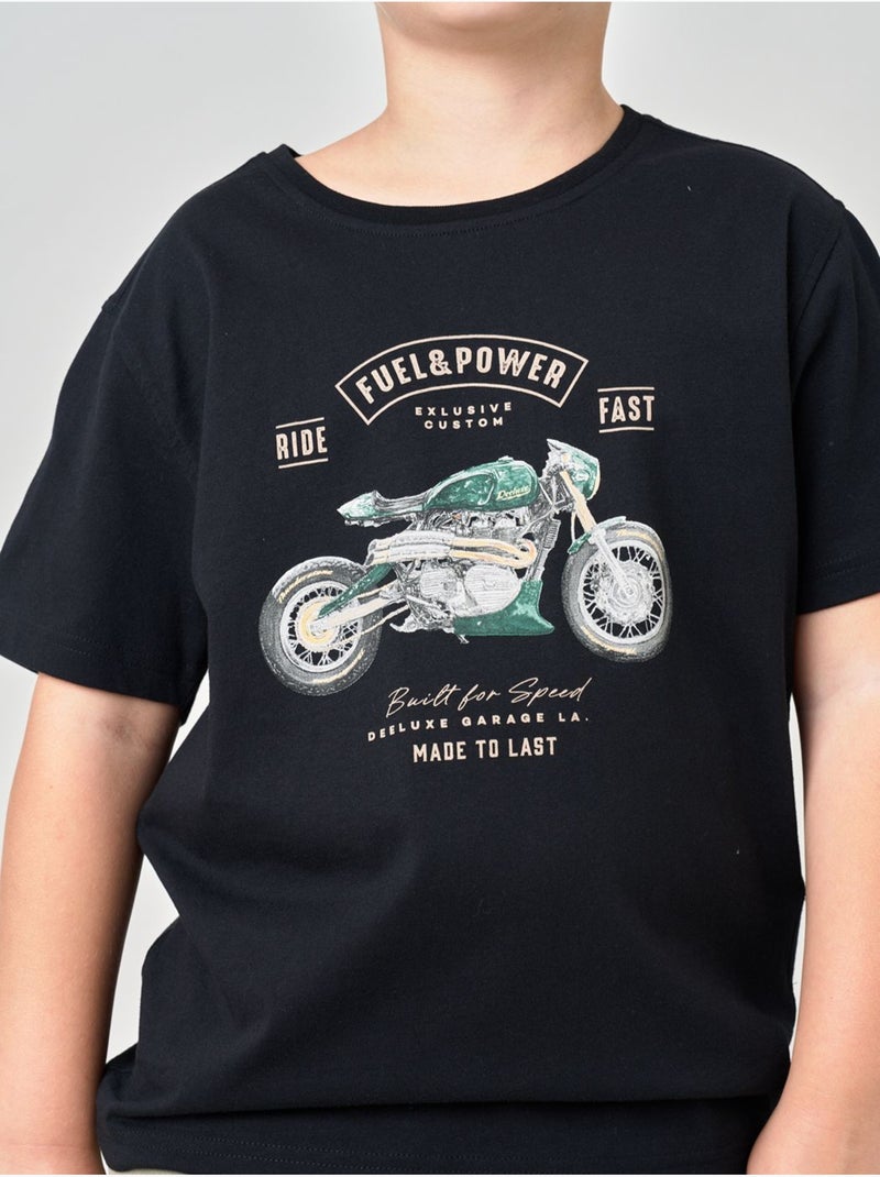T-shirt regular garçon en 100% coton jersey imprimé moto vintage 'deeluxe' Noir - Kiabi