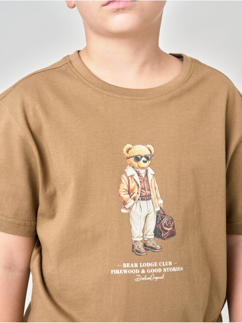T-shirt regular garçon en 100% coton jersey imprimé ours 'deeluxe' Marron cappuccino - Kiabi