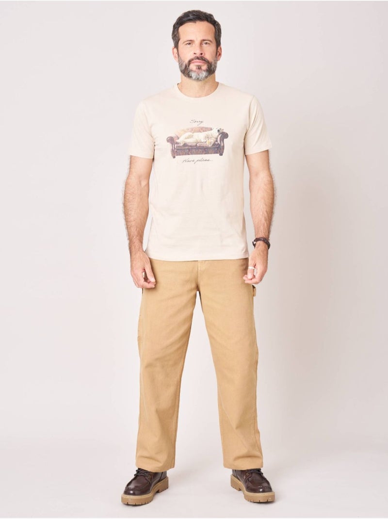 T-shirt regular homme en 100% coton imprimé ours sur canapé 'Deeluxe' Beige coquille - Kiabi