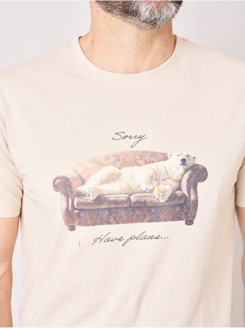 T-shirt regular homme en 100% coton imprimé ours sur canapé 'Deeluxe' Beige coquille - Kiabi