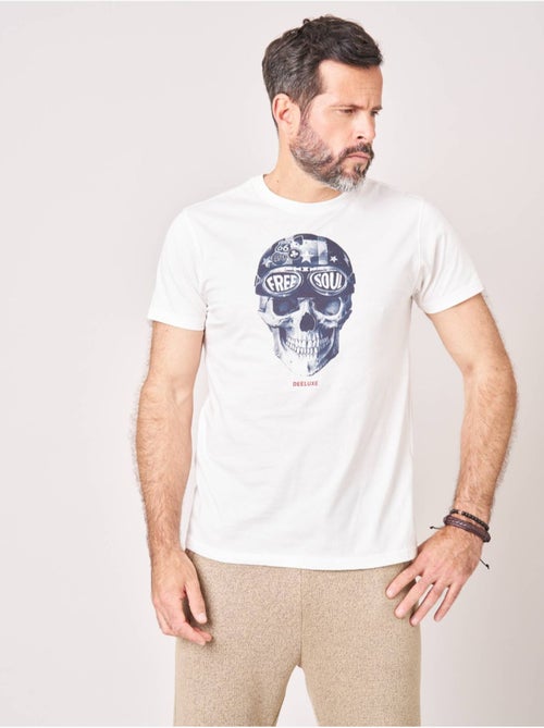 T-shirt regular homme en 100% coton jersey imprimé crâne avec casque et lunettes 'deeluxe' - Kiabi
