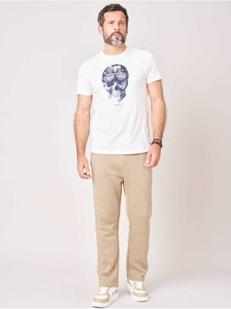 T-shirt regular homme en 100% coton jersey imprimé crâne avec casque et lunettes 'deeluxe' Ecru - Kiabi