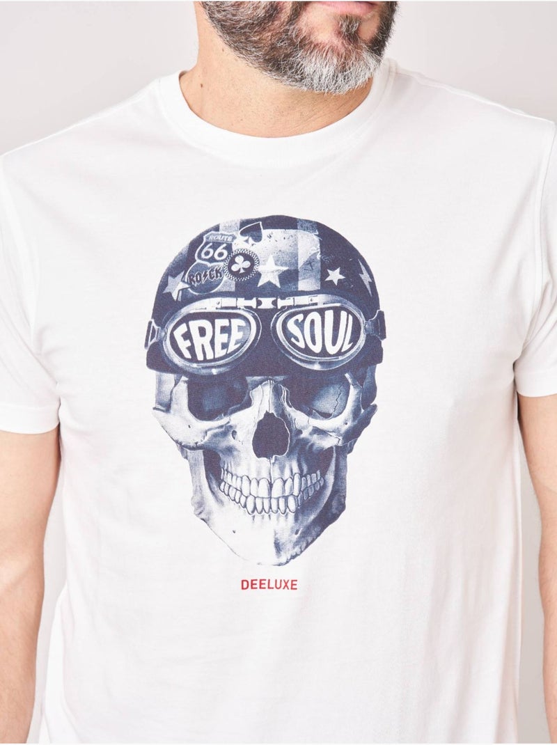 T-shirt regular homme en 100% coton jersey imprimé crâne avec casque et lunettes 'deeluxe' Ecru - Kiabi