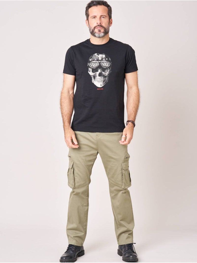 T-shirt regular homme en 100% coton jersey imprimé crâne avec casque et lunettes 'Deeluxe' Noir - Kiabi