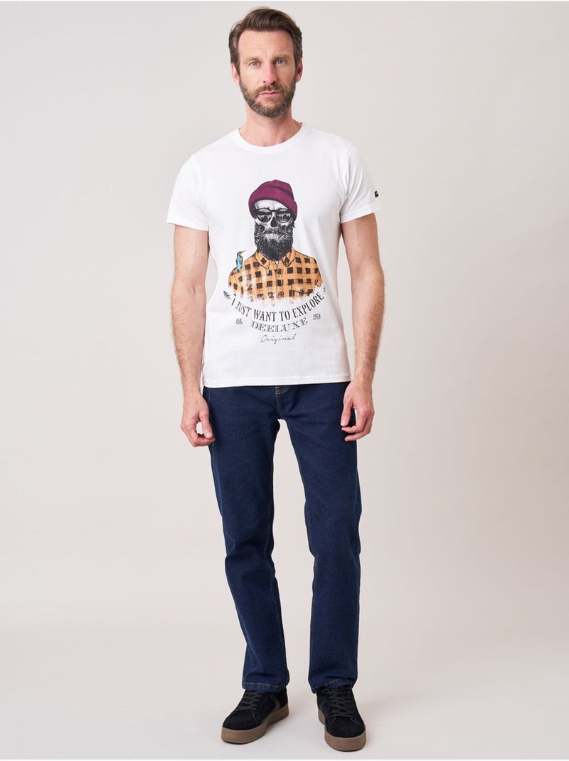T-shirt regular homme en 100% coton jersey imprimé crâne explorer  'Deeluxe' Ecru - Kiabi