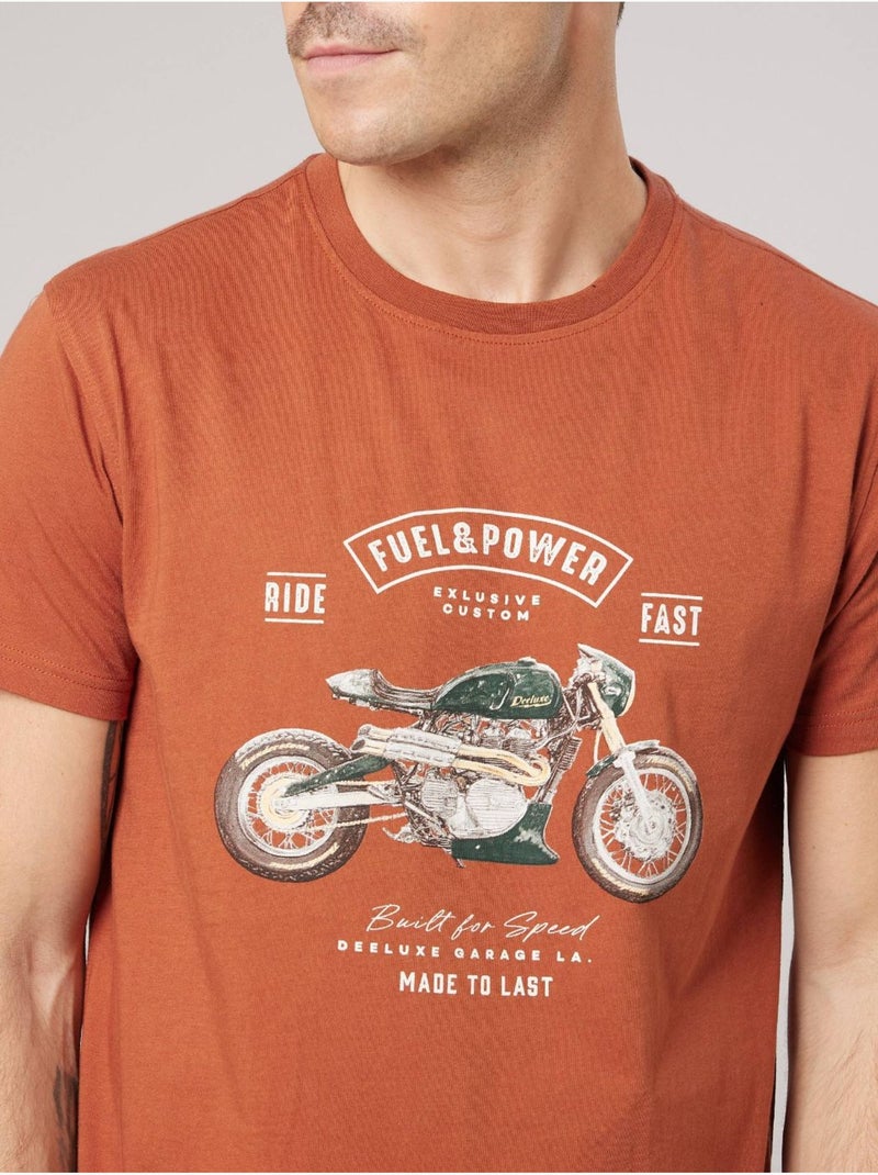 T-shirt regular homme en 100% coton jersey imprimé moto vintage 'Deeluxe' Marron havane - Kiabi