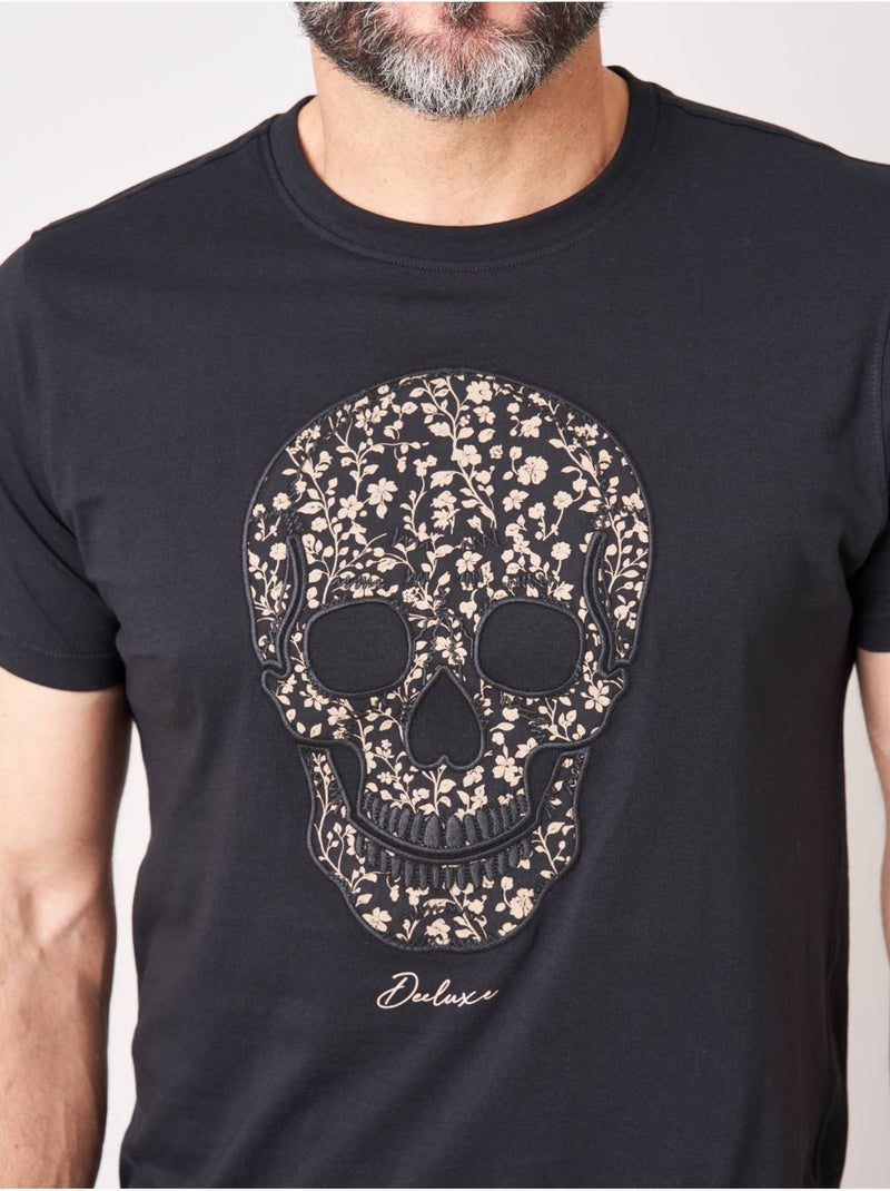 T-shirt regular homme en 100% coton jersey imprimé tête de mort à motif floral 'Deeluxe' Noir - Kiabi