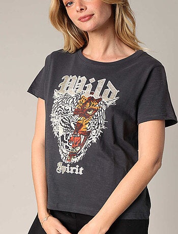 T-shirt rock 100% coton à imprimé tigre et typographie métallisée
'Deeluxe'