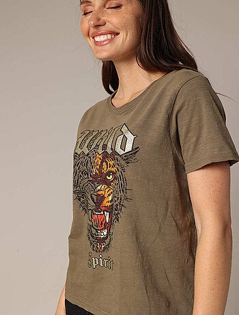 T-shirt rock 100% coton à imprimé tigre et typographie métallisée
'Deeluxe'