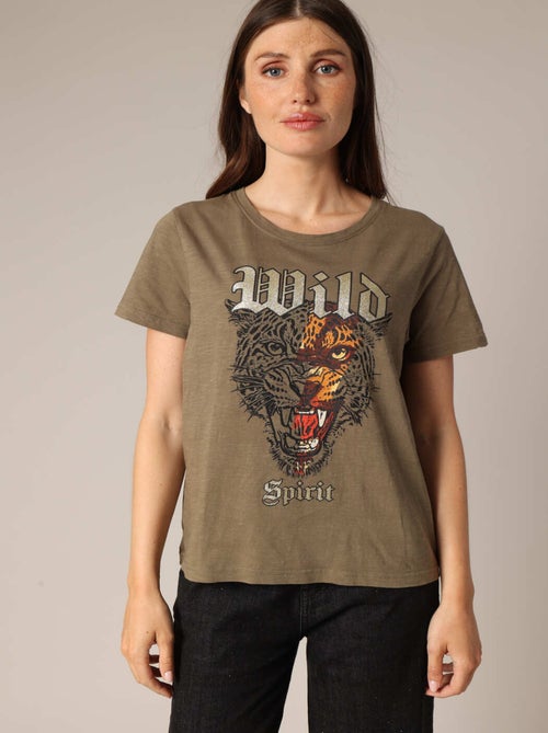 T-shirt rock 100% coton à imprimé tigre et typographie métallisée
 'Deeluxe' - Kiabi