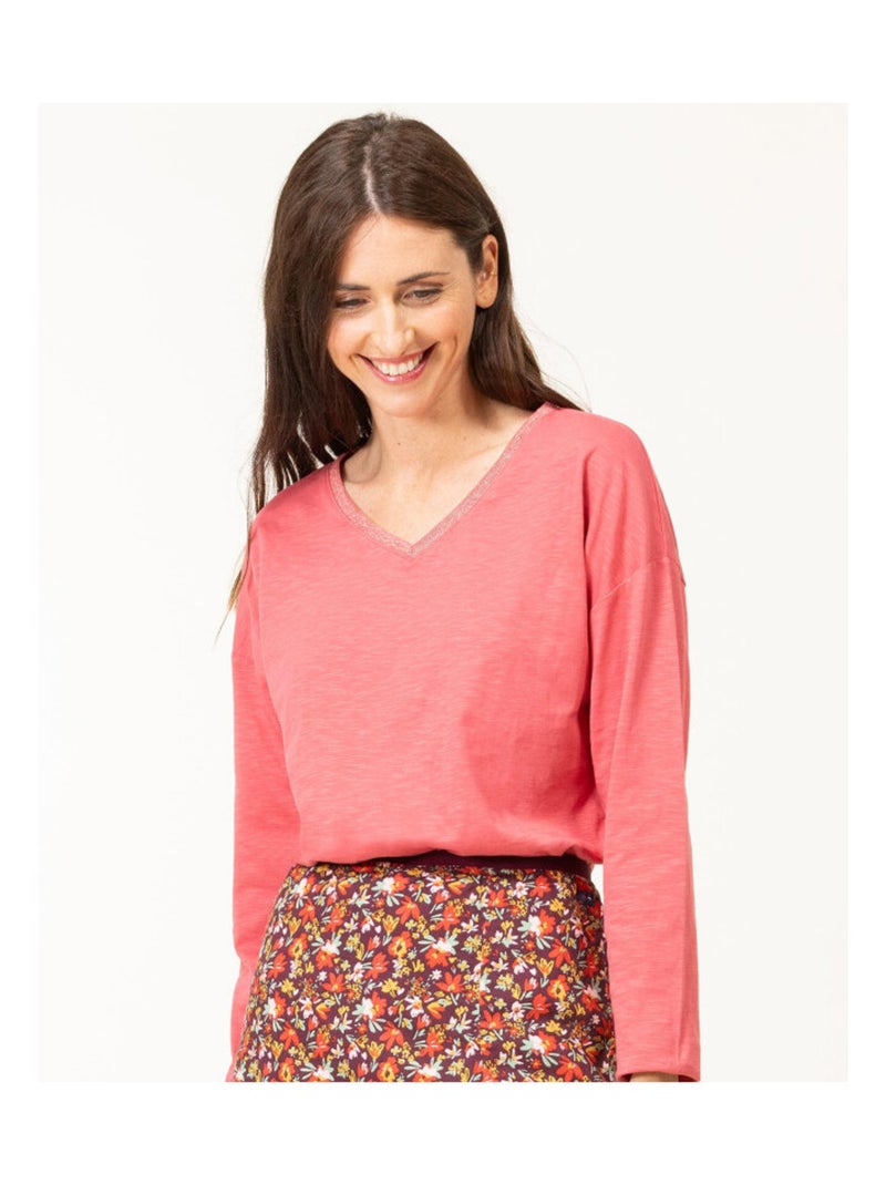 T-shirt rose manches longues col V Femme Vieux rose - Kiabi