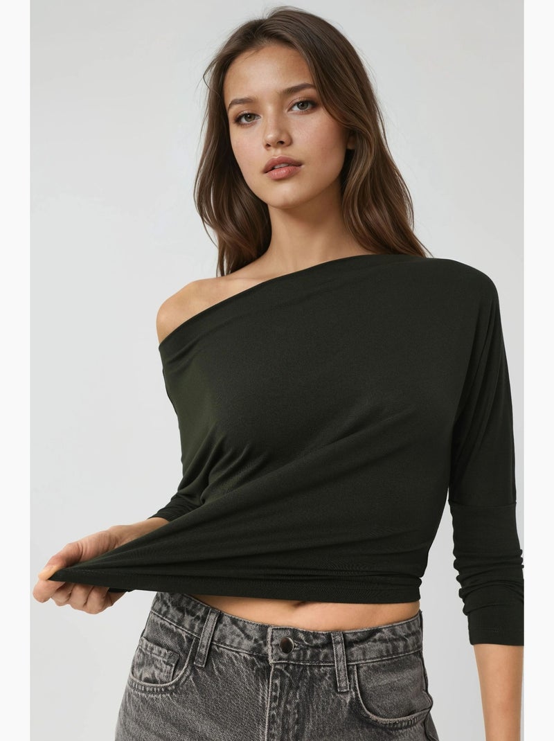 T-shirt sans bretelles à manches longues et col bateau hiccup Vert foncé - Kiabi