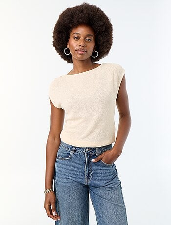 T-shirt sans manches maille ajourée et col bateau