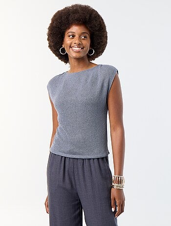 T-shirt sans manches maille ajourée et col bateau