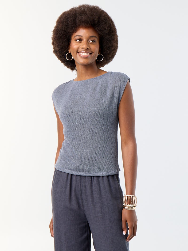 T-shirt sans manches maille ajourée et col bateau Gris - Kiabi