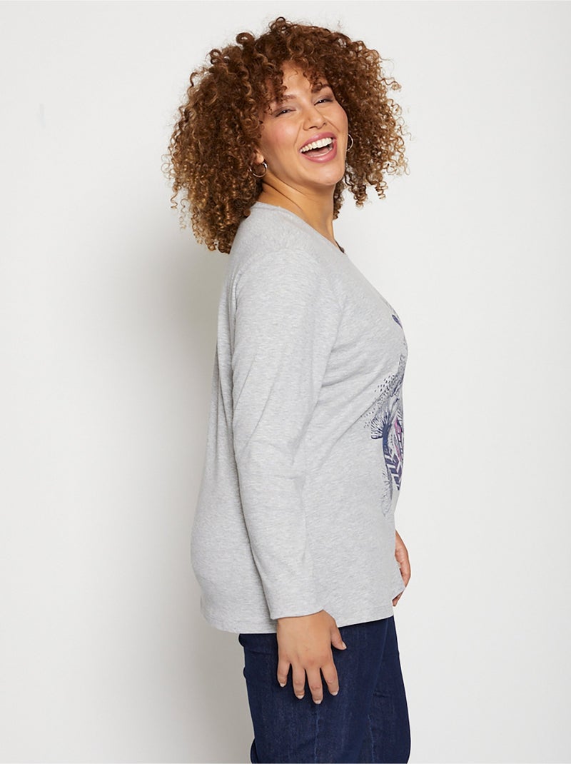 T-shirt sérigraphie fantaisie pailleté Gris - Kiabi