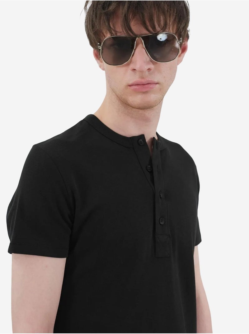 T-shirt slim à col rond avec boutons giesto Noir - Kiabi