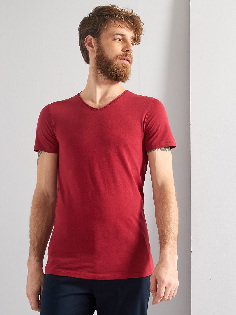 T-shirt slim col V rouge grenat - Kiabi