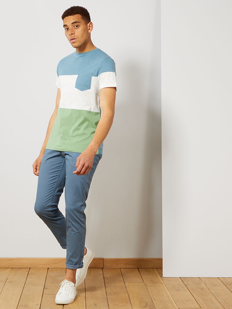 T-shirt slim colorblock bleu gris/écru/vert - Kiabi