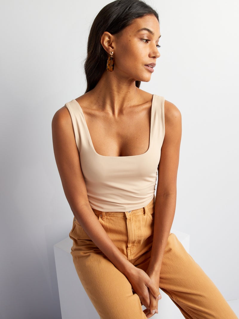 T-shirt stretch à col carré Beige - Kiabi