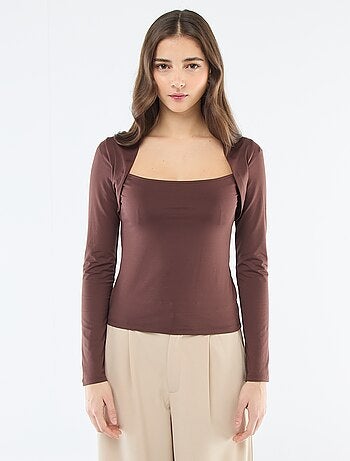 T-shirt stretch uni à manches longues et col carré