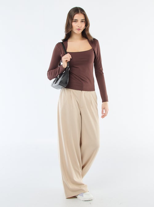 T-shirt stretch uni à manches longues et col carré - Kiabi