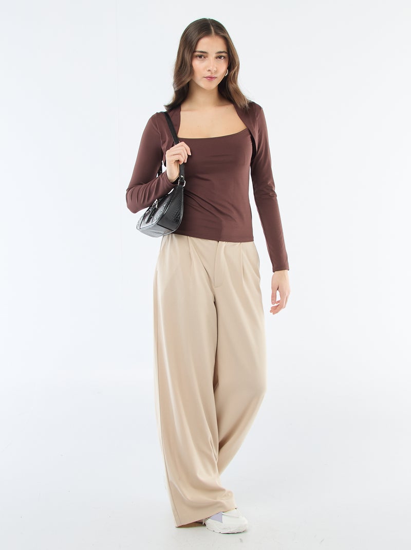 T-shirt stretch uni à manches longues et col carré Marron - Kiabi