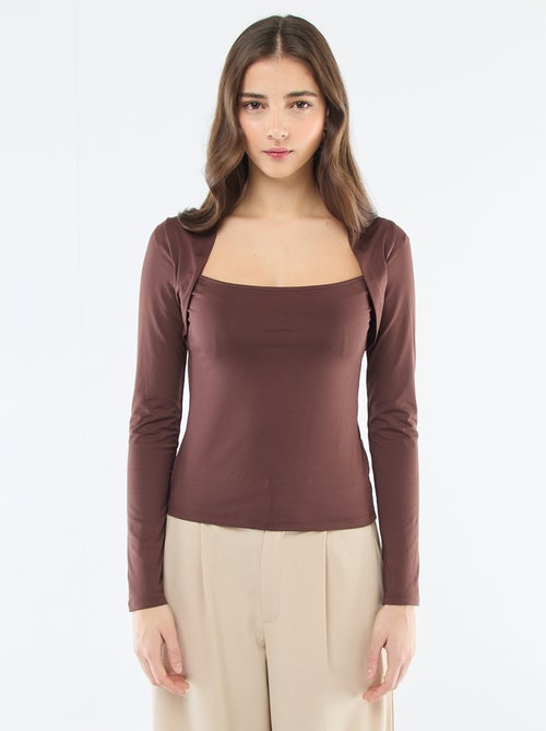 T-shirt stretch uni à manches longues et col carré - Kiabi