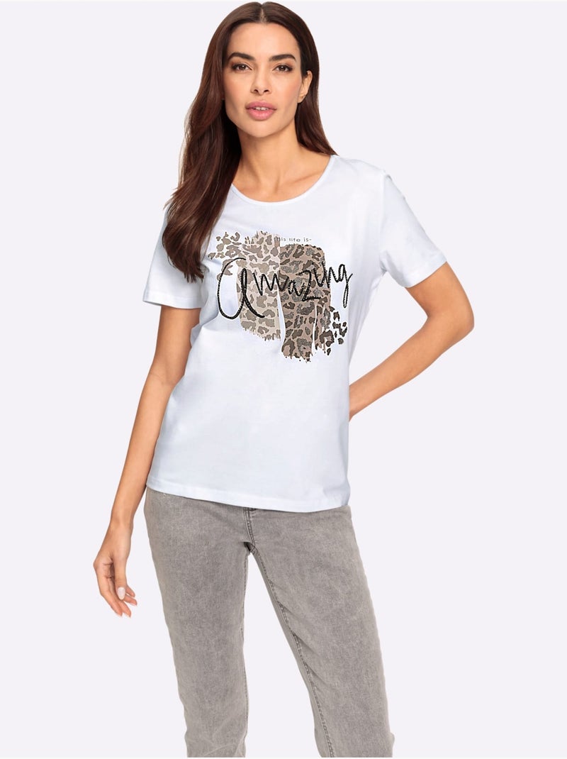 T-shirt Superbe Imprimé Brillant - Taille Standard - Helline Blanc - Kiabi
